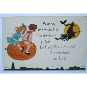 Vintage Halloween Postcard Kids Flying On Pumpkin Chases A Witch 857 FA Owen